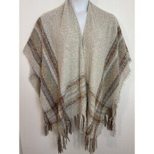 Roffe Poncho Sweater Cape Womens OS Brown Fuzzy Striped Neutral Boho